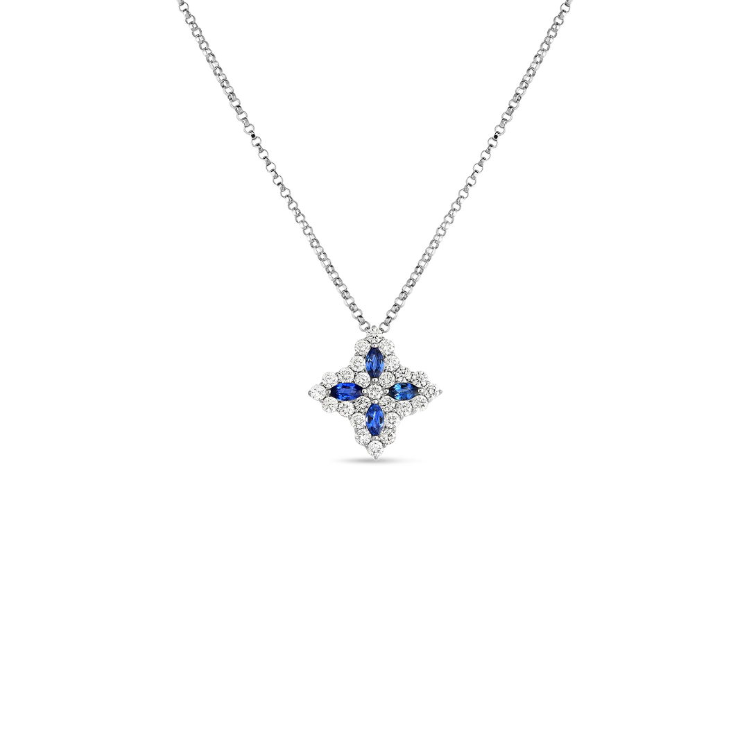 Roberto Coin Medium Venetian Princes Flower Necklace with Diamond and Blue Sapphire - Be On Park
