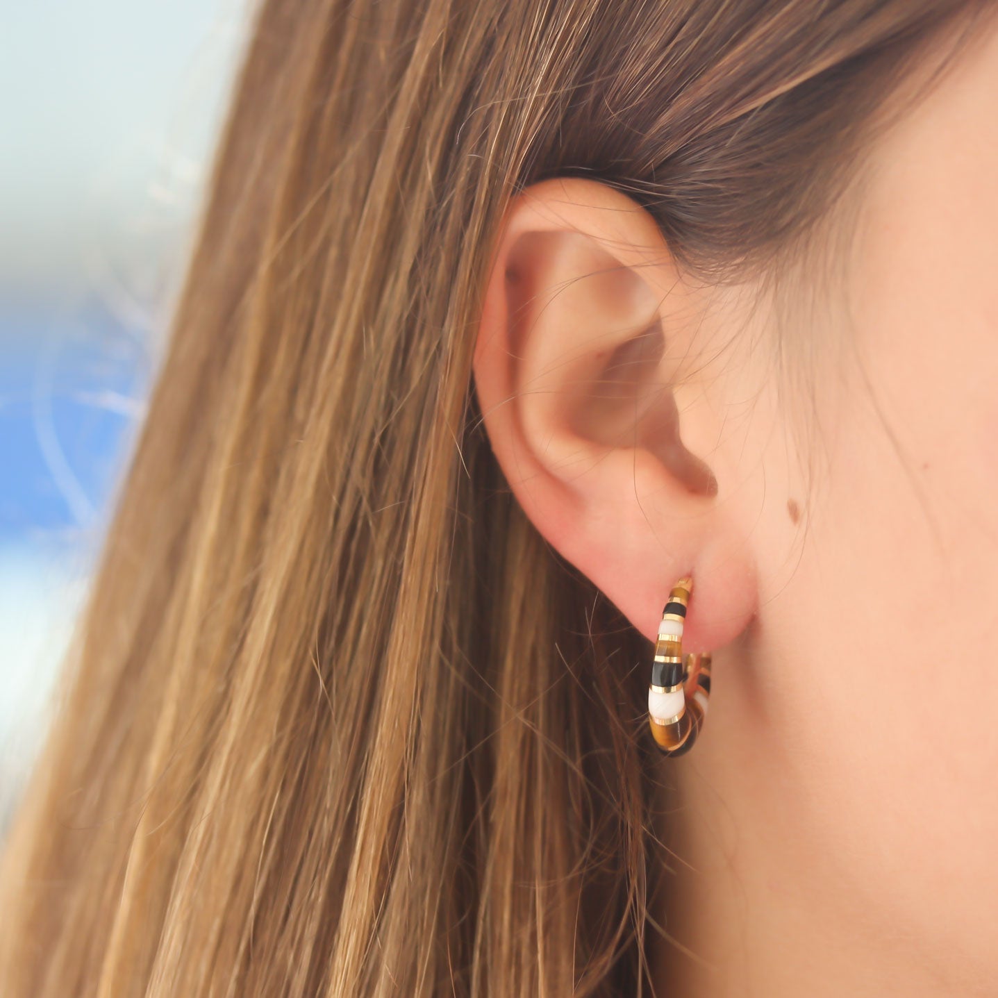 Orly Marcel Mini Inlay Hoops with Black and White Onyx and Tiger's Eye - Be On Park