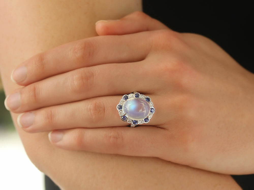 Spark Creations Moonstone Ring with Diamond and Sapphire Accents - Be On Park