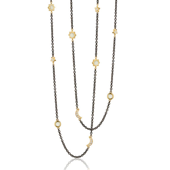Monica Rich Kosann 47" black steel, gold moon, & star chain necklace - Be On Park
