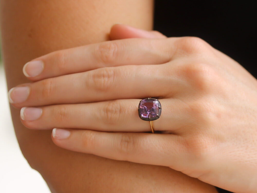 Signed Fred Leighton Cushion Amethyst Silver topped Gold Collet Ring - Be On Park