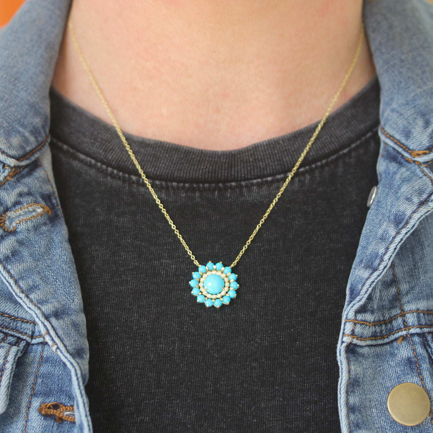 Suzy Landa one-of-a-kind cabochon round turquoise necklace with diamonds - Be On Park