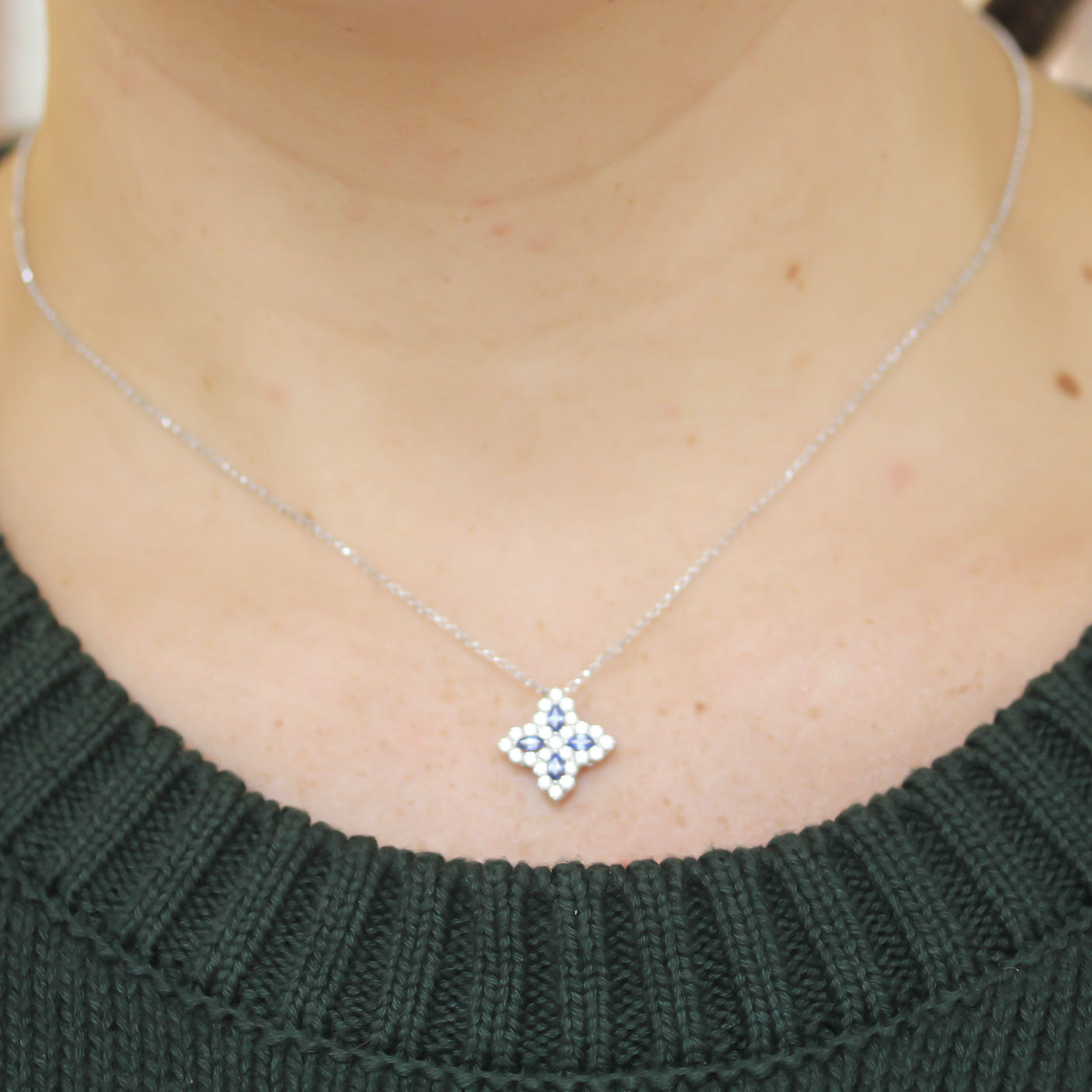 Roberto Coin Medium Venetian Princes Flower Necklace with Diamond and Blue Sapphire - Be On Park
