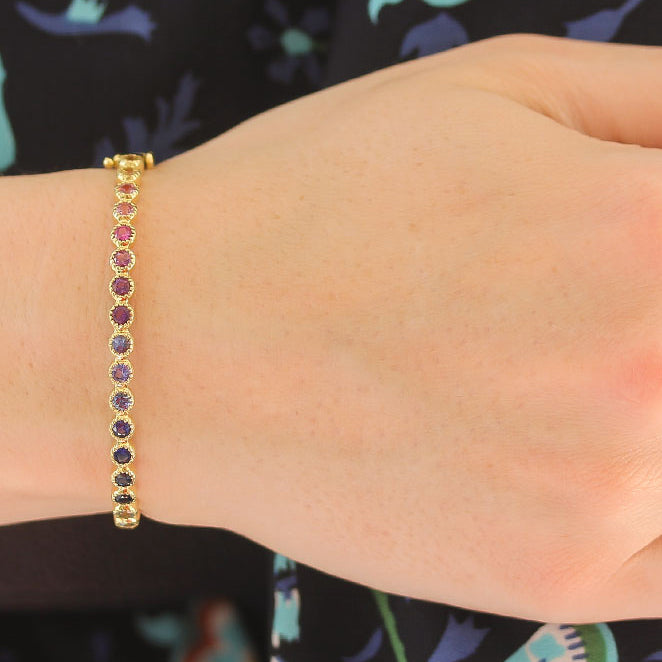 Penny Preville bezel set rainbow bangle with Sapphire, Amethyst, Tanzanite, & Aquamarine - Be On Park