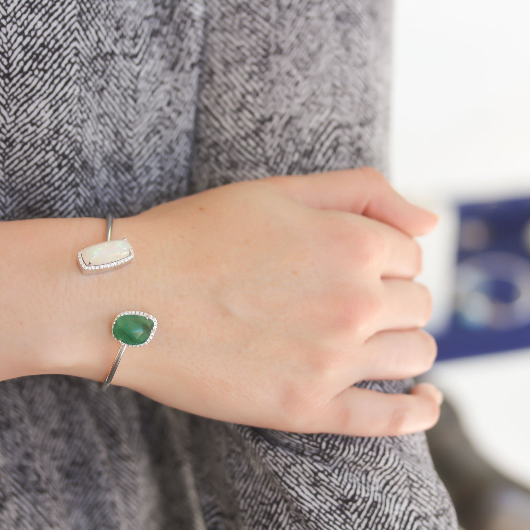 Yael Designs Emerald and White Opal Diamond Bangle - Be On Park