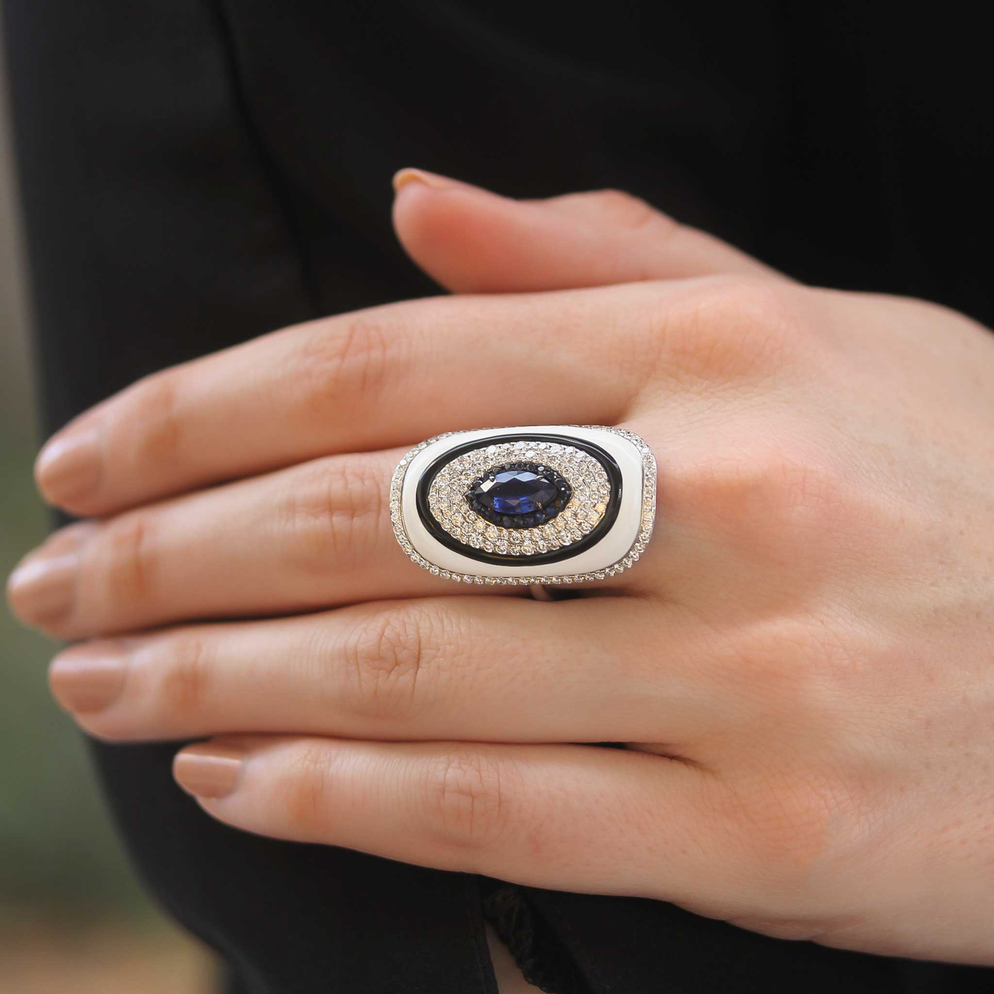 Sutra Black & White Ceramic Ring with diamonds and blue sapphires - Be On Park