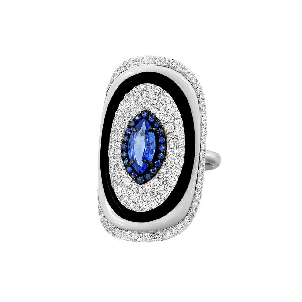 Sutra Black & White Ceramic Ring with diamonds and blue sapphires - Be On Park
