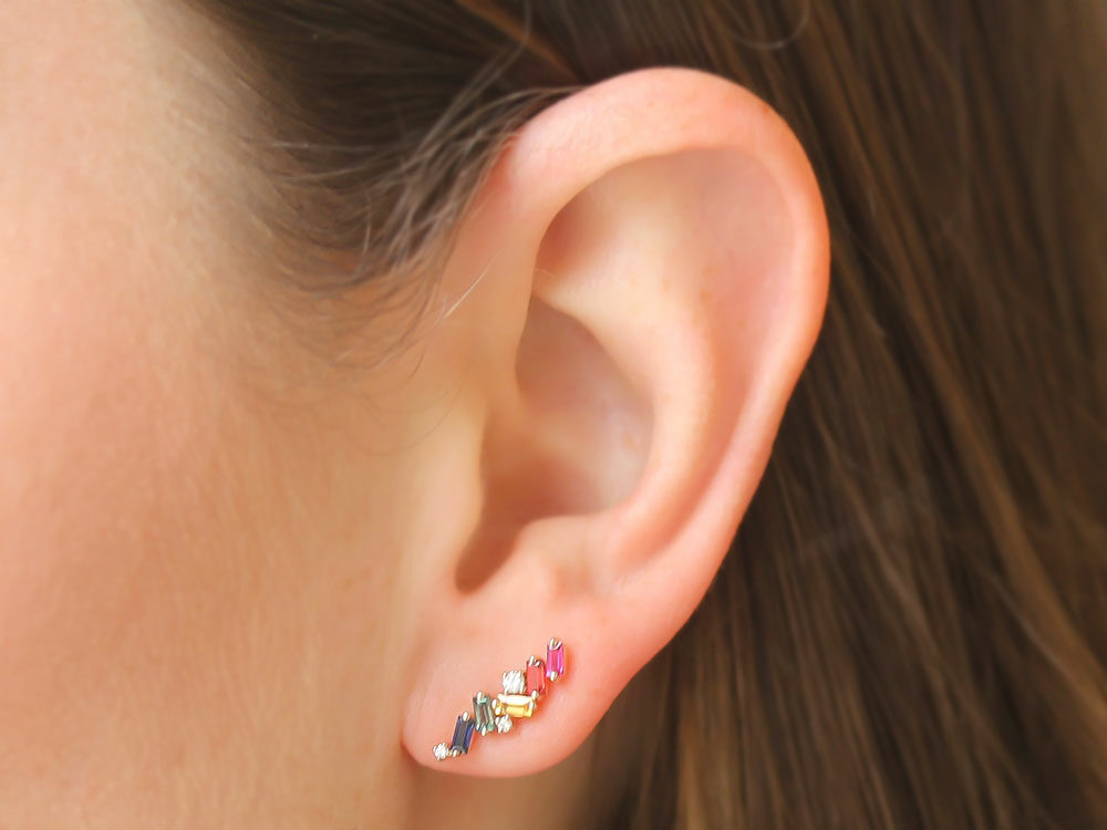 Suzanne Kalan Rose Gold Rainbow Sapphire and Diamond Zig-Zag Earrings - Be On Park