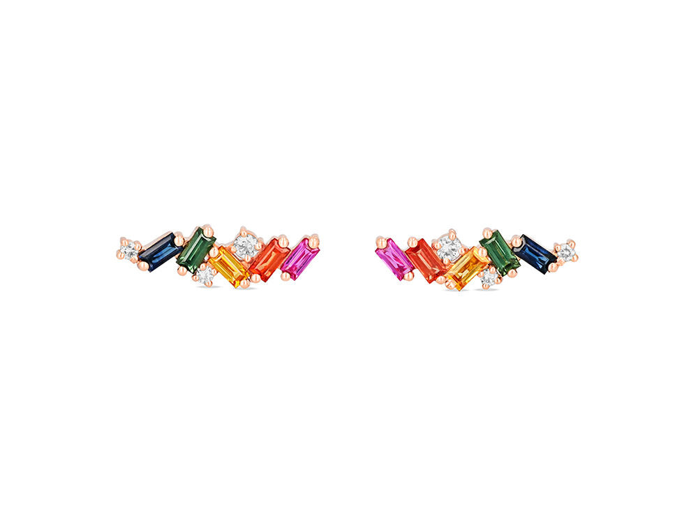 Suzanne Kalan Rose Gold Rainbow Sapphire and Diamond Zig-Zag Earrings - Be On Park