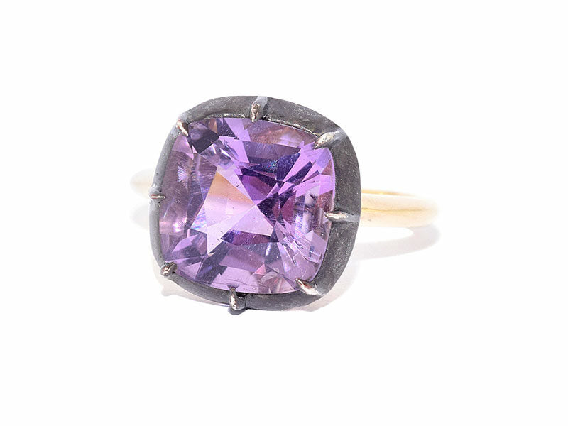 Signed Fred Leighton Cushion Amethyst Silver topped Gold Collet Ring - Be On Park