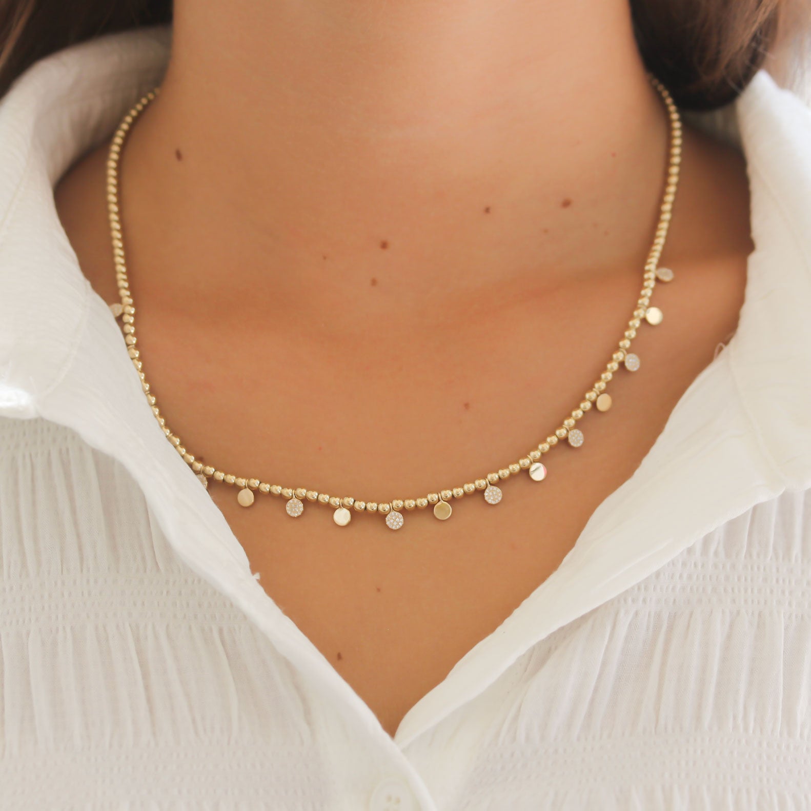 Shy Creation Diamond Pave Circle Bead Ball Chain Necklace - Be On Park
