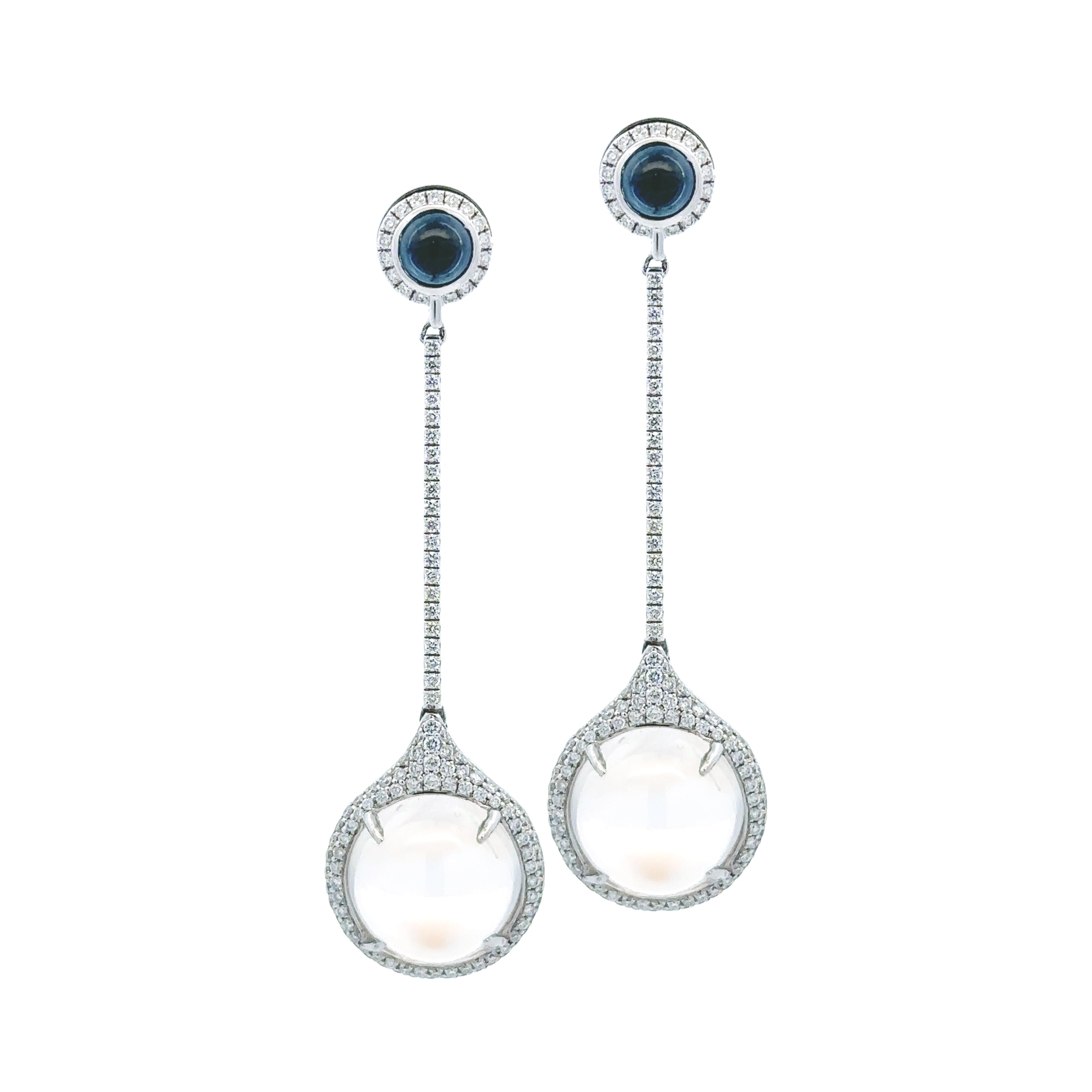 Spark Cabochon Moonstone Drop Earrings with blue sapphires and diamonds, one-of-a-kind - Be On Park