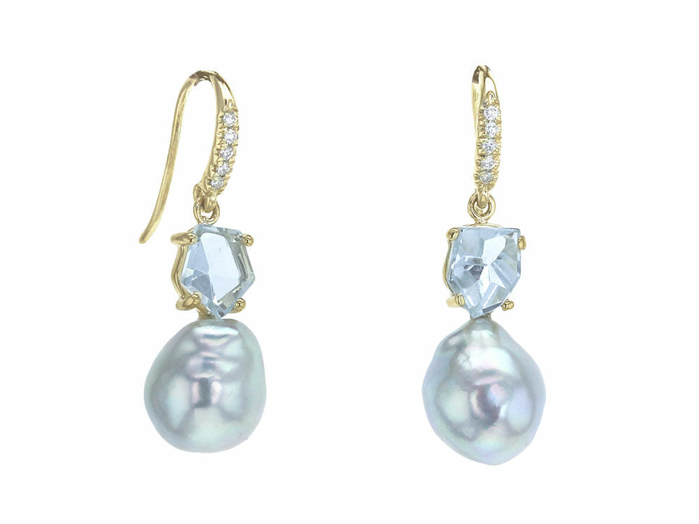 Lauren K "Geo" mirror cut aquamarine and blue Akoya pearl drop earrings - Be On Park