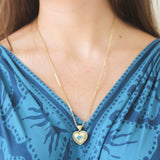 Suzy Landa Bezel Set Blue Zircon Heart Necklace with Beaded Diamond Border