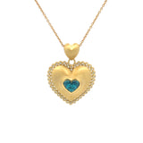 Suzy Landa Bezel Set Blue Zircon Heart Necklace with Beaded Diamond Border