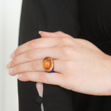 Vintage Cabochon Citrine and Blue Enamel Ring