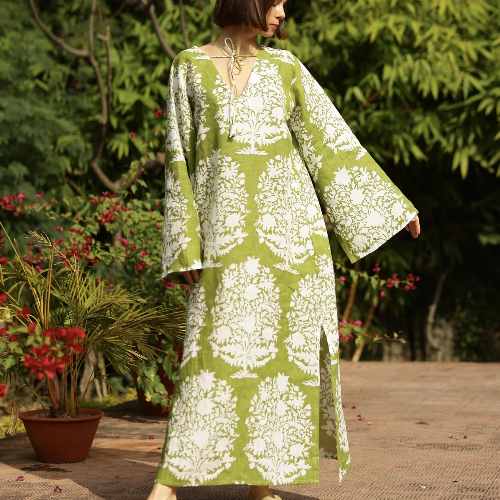 Maison Marigold Doha Kaftan in Green Bouquet - Be On Park