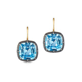 Signed Fred Leighton Cushion Blue Topaz Silver Topped Gold Collet Drop Earrings