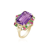 Goshwara "Rain Forest" Emerald Cut Amethyst , Pink Sapphire, Tsavorite, & Diamond Ring