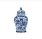 blue and white peony temple jar with lion handles