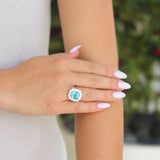 XO Jewels Blue Zircon Ring with Diamond Halo