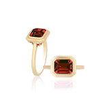 'Manhattan' Garnet 9x7 Emerald Cut Bezel Set Ring in 18K Yellow Gold. Stone WTGA- 2.900cts