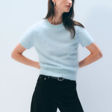 White + Warren Brushed Cashmere Blend Tee in Seafoam Blue - Be On Park
