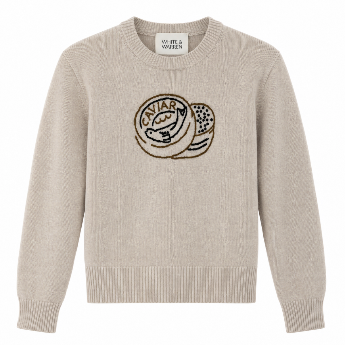 White + Warren Cashmere Embroidered Caviar Sweater in Natural Heather - Be On Park