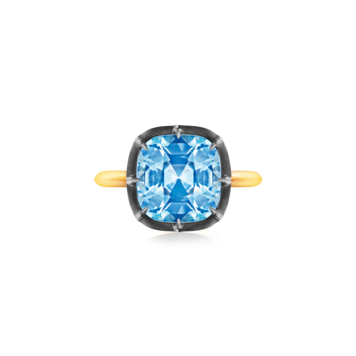 Signed Fred Leighton Cushion Blue Topaz Silver topped Gold Collet Solitaire Ring - Be On Park
