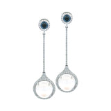 Spark Cabochon Moonstone Drop Earrings with blue sapphires and diamonds, one-of-a-kind