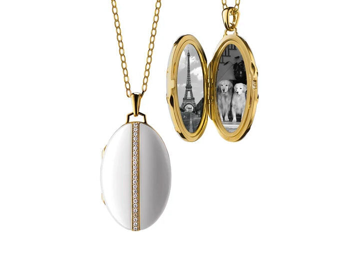 Monica Rich Kosann 32" White Ceramic and Diamond Stripe Oval Locket - Be On Park