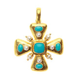 Small Sleeping Beauty turquoise Maltese cross with pearls and thin clip bale