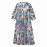 Maison Marigold Taj Maxi Dress in Pink Flower on Blue Stripe