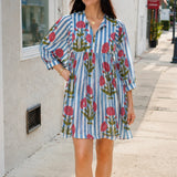 Maison Marigold Taj Mini Dress in Pink Flower on Blue Stripe