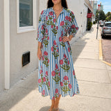 Maison Marigold Taj Maxi Dress in Pink Flower on Blue Stripe