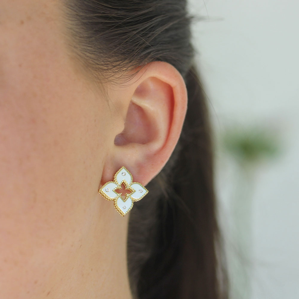 Roberto Coin Diamond and White Enamel Venetian Princess Earrings - Be On Park