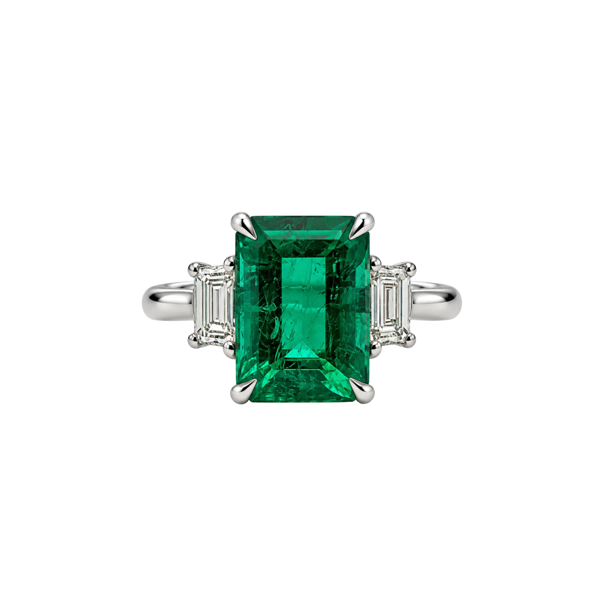 Platinum Emerald & Trapezoid Diamond Three-Stone Ring - Be On Park
