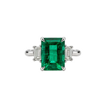 Platinum Emerald & Trapezoid Diamond Three-Stone Ring - Be On Park