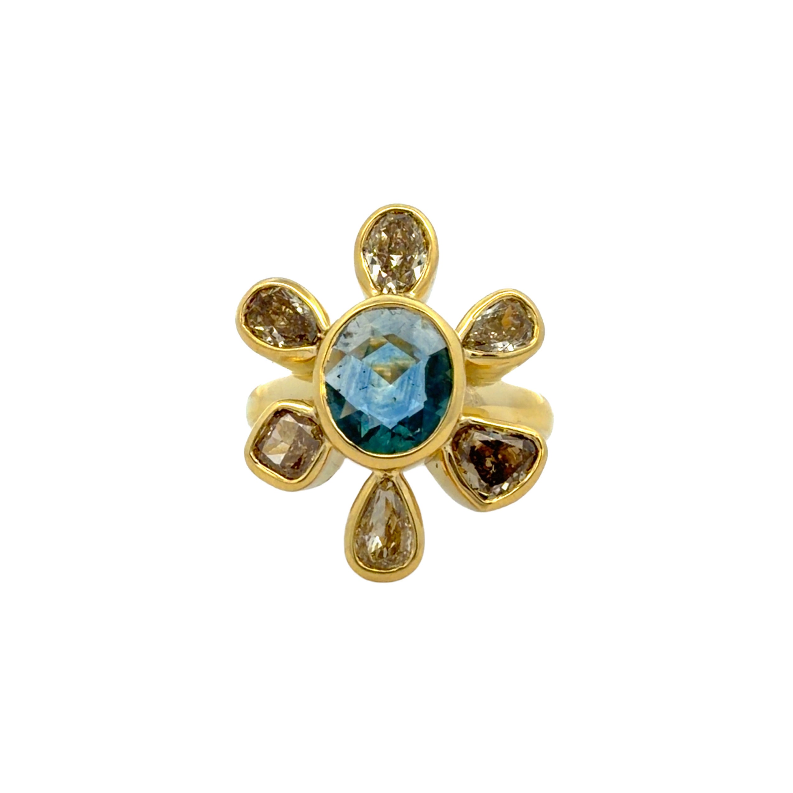 Lauren K Yellow Gold, Sapphire & Rose Cut Cognac Diamond Flower Ring Size 7 1/4 - Be On Park