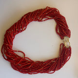 18ky "Beyond" 20 strand red coral beads 415.96ctw twisted necklace with 18ky clasp & 2mm beads