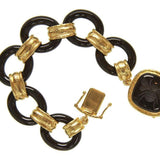 Large black jade link with hammered gold connectors and 20 x 20 mm onyx Ã¢ÂÂBeeÃ¢ÂÂ box clasp. Large black jade link bracelet. Approximately 7.5 inches in length by 21 mm wide. Box closure with safety clips.
