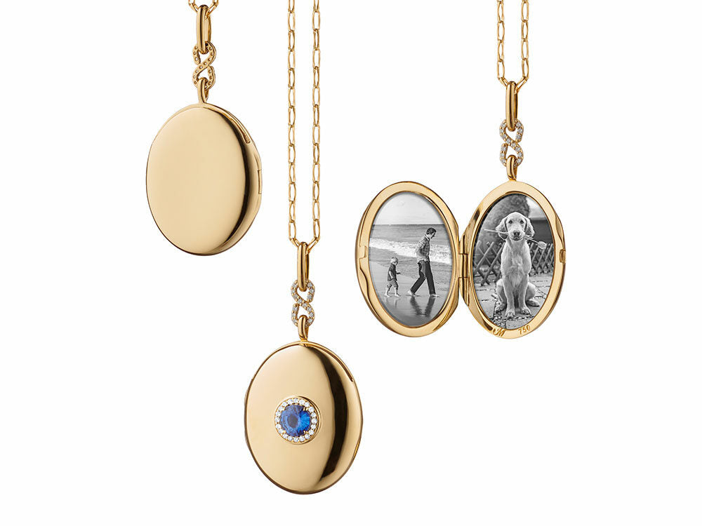 Monica Rich Kosann oval locket with center blue sapphire and surrounding diamonds on delicate 30" belcher chain - Be On Park