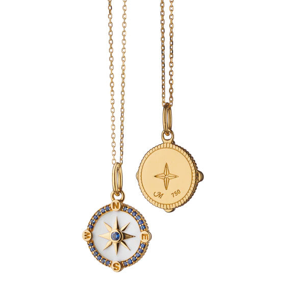 Monica Rich Kosann Gold Compass with White Enamel & Blue sapphire on 17" chain - Be On Park