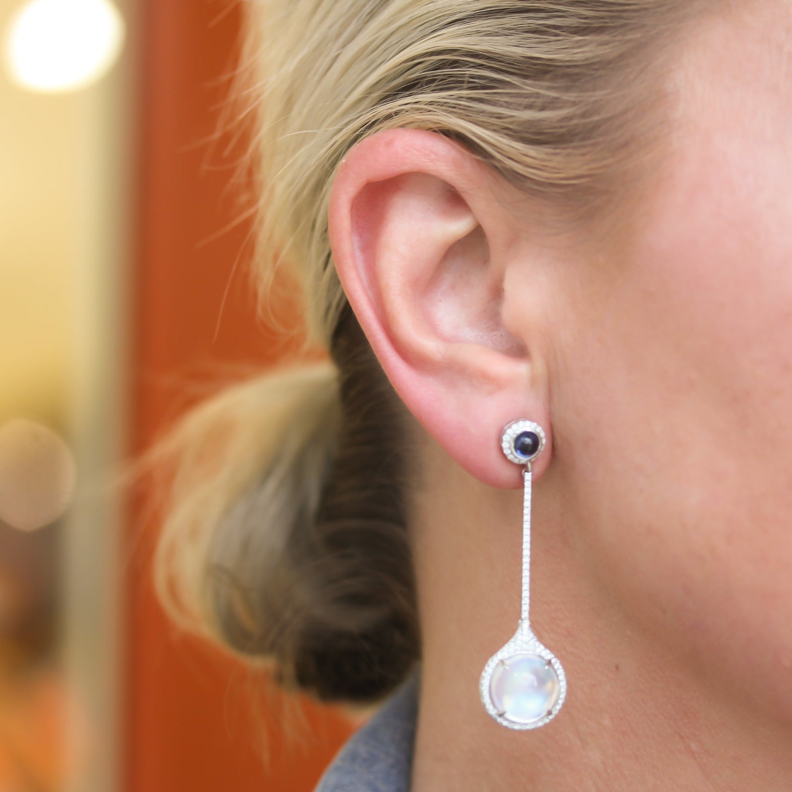 Spark Cabochon Moonstone Drop Earrings with blue sapphires and diamonds, one-of-a-kind - Be On Park