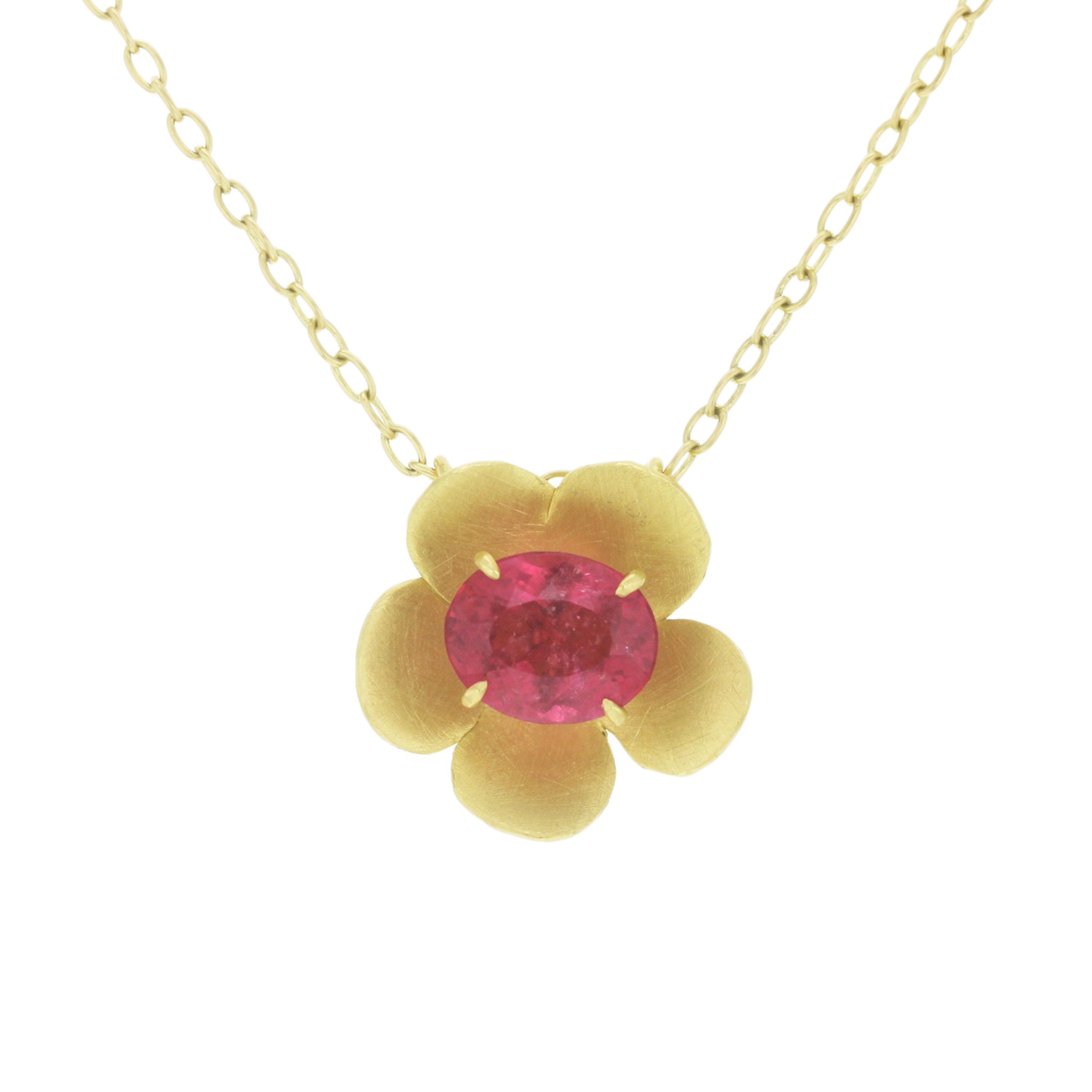 Stephanie Albertson Forget Me Not Flower Necklace with Rubellite Oval Gemstone on Chain - Be On Park