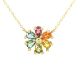 Suzy Landa one-of-a-kind pear shape rainbow gemstone flower necklace with center diamond - Be On Park